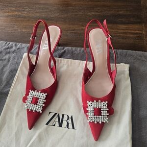 Zara Elegant Red Suede Slingback Heels with Crystal Buckle Size 41/10 EUC